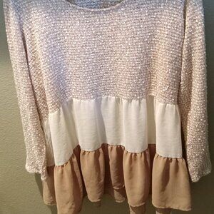 Oh Gussie! or Entro brand long-sleeve knit sweater with a tiered, ruffled chiffo